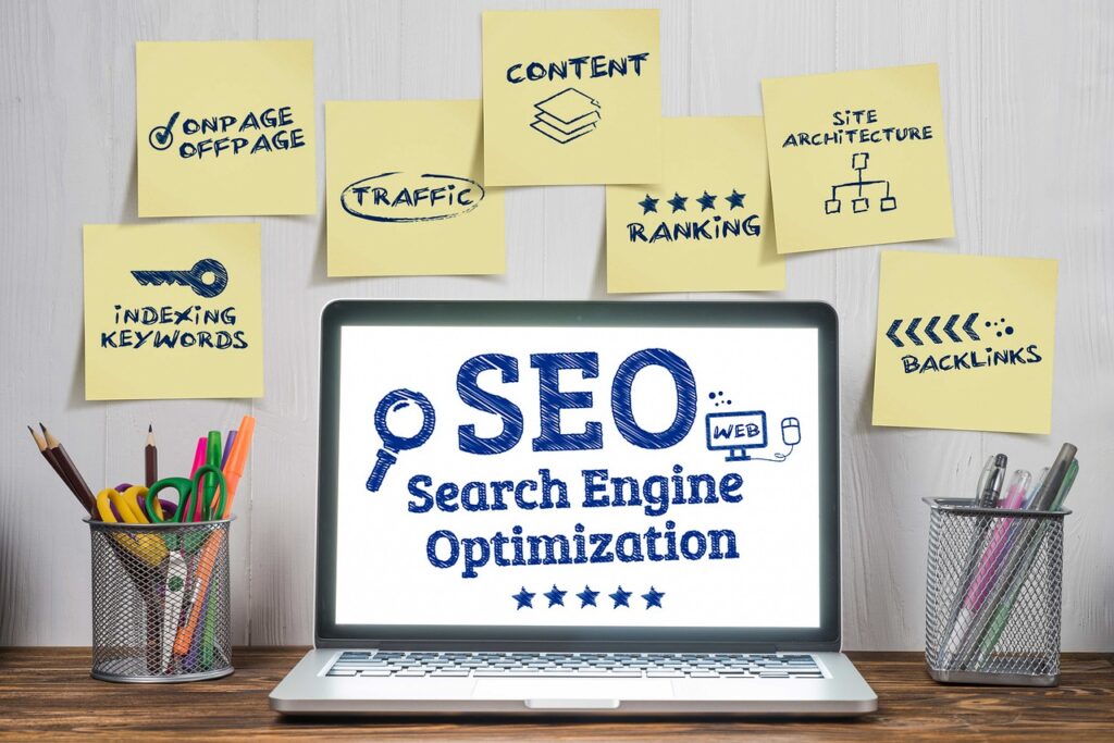 search engine optimization visible in the laptop screen